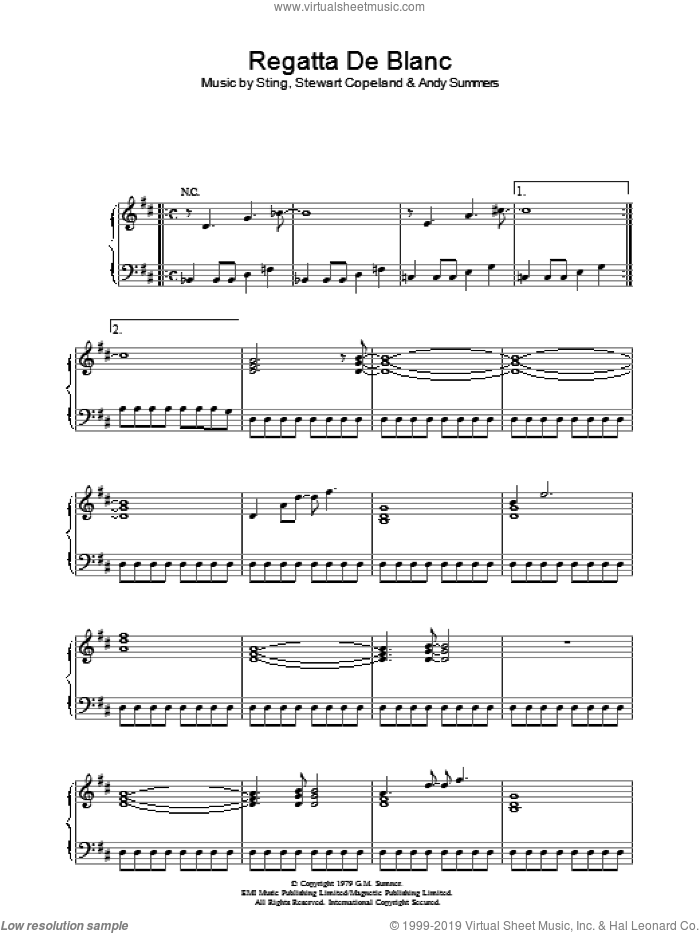 Regatta De Blanc sheet music for voice, piano or guitar by The Police, Andy Summers, Stewart Copeland and Sting, intermediate skill level