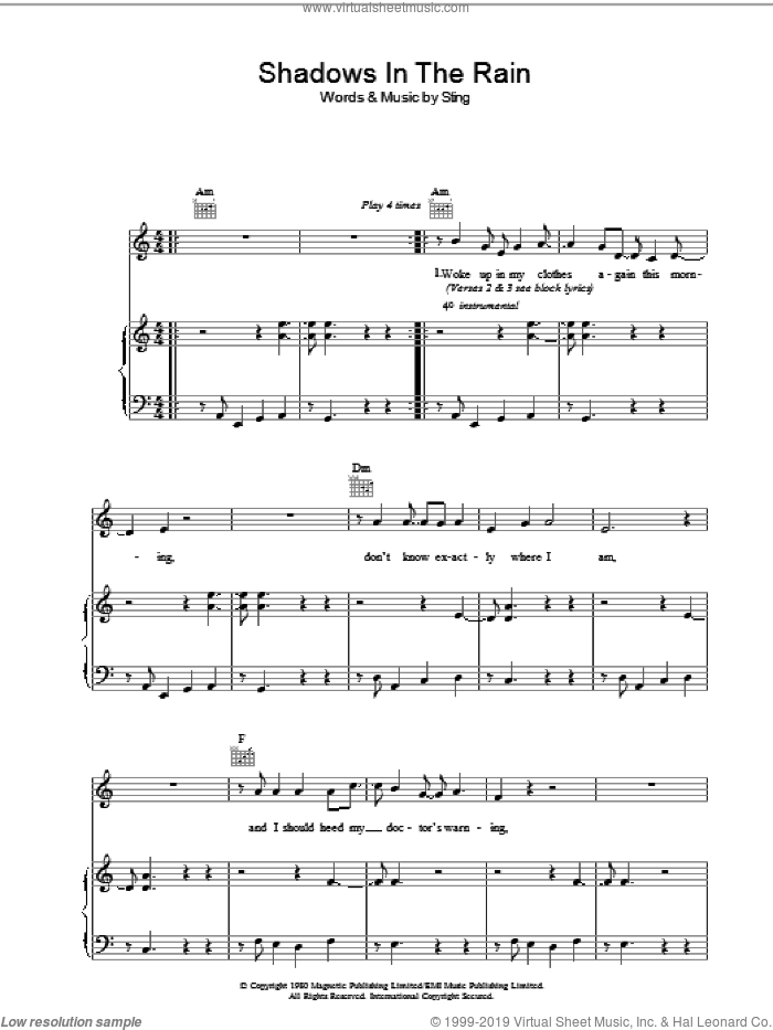 Shadows In The Rain sheet music for voice, piano or guitar by The Police and Sting, intermediate skill level