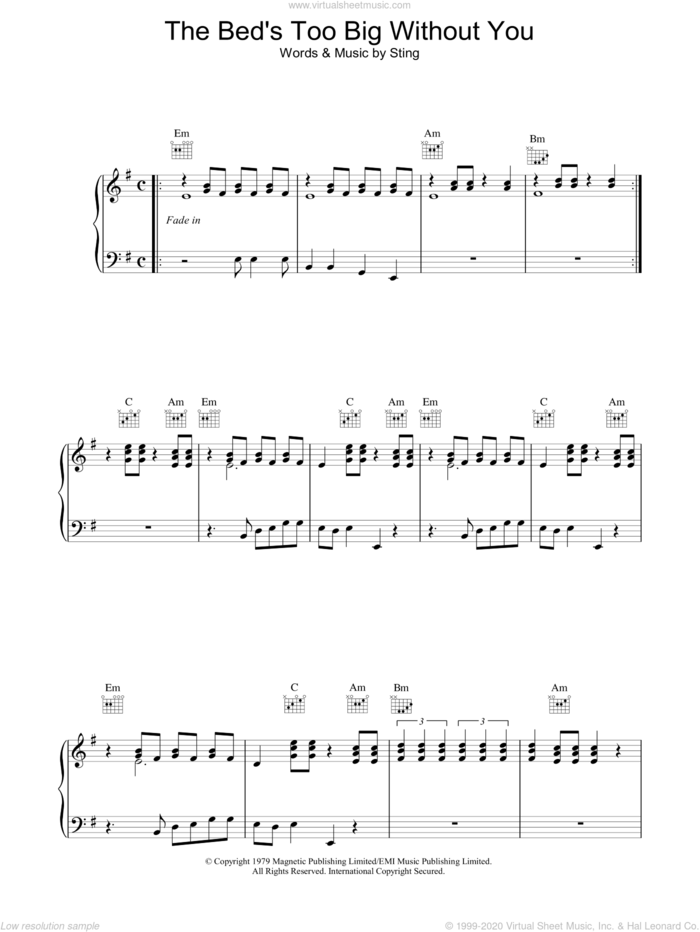 The Bed's Too Big Without You sheet music for voice, piano or guitar by The Police and Sting, intermediate skill level