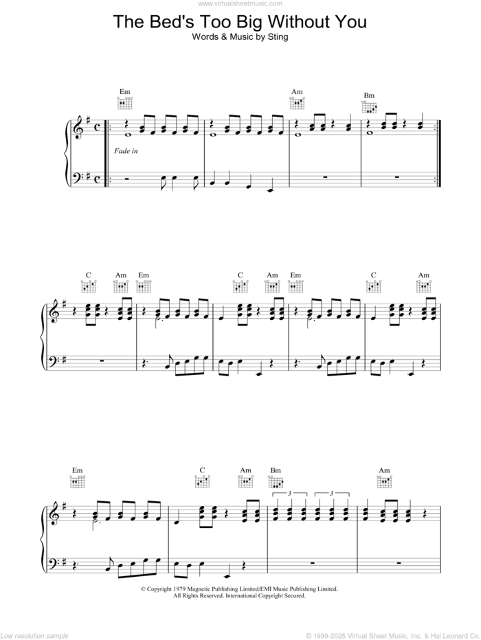 The Bed's Too Big Without You sheet music for voice, piano or guitar by The Police and Sting, intermediate skill level