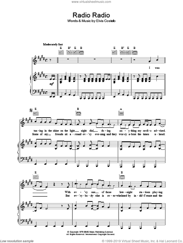 Radio, Radio sheet music for voice, piano or guitar by Elvis Costello, intermediate skill level