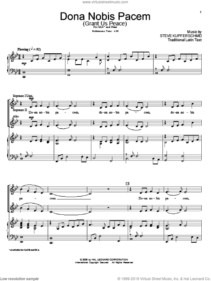 Dona Nobis Pacem sheet music for choir (SSA: soprano, alto) by Steve Kupferschmid and Miscellaneous, intermediate skill level
