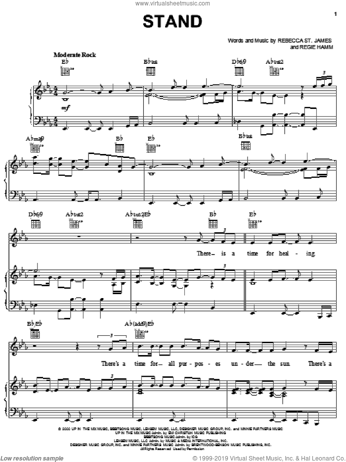 Stand sheet music for voice, piano or guitar by Rebecca St. James and Regie Hamm, intermediate skill level