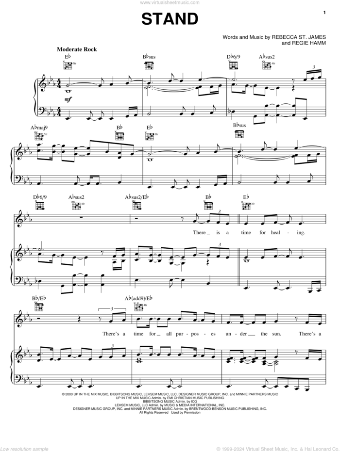 Stand sheet music for voice, piano or guitar by Rebecca St. James and Regie Hamm, intermediate skill level