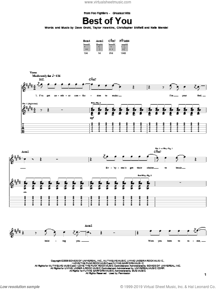 Best Of You sheet music for guitar (tablature) by Foo Fighters, Chris Shiflett, Dave Grohl, Nate Mendel and Taylor Hawkins, intermediate skill level