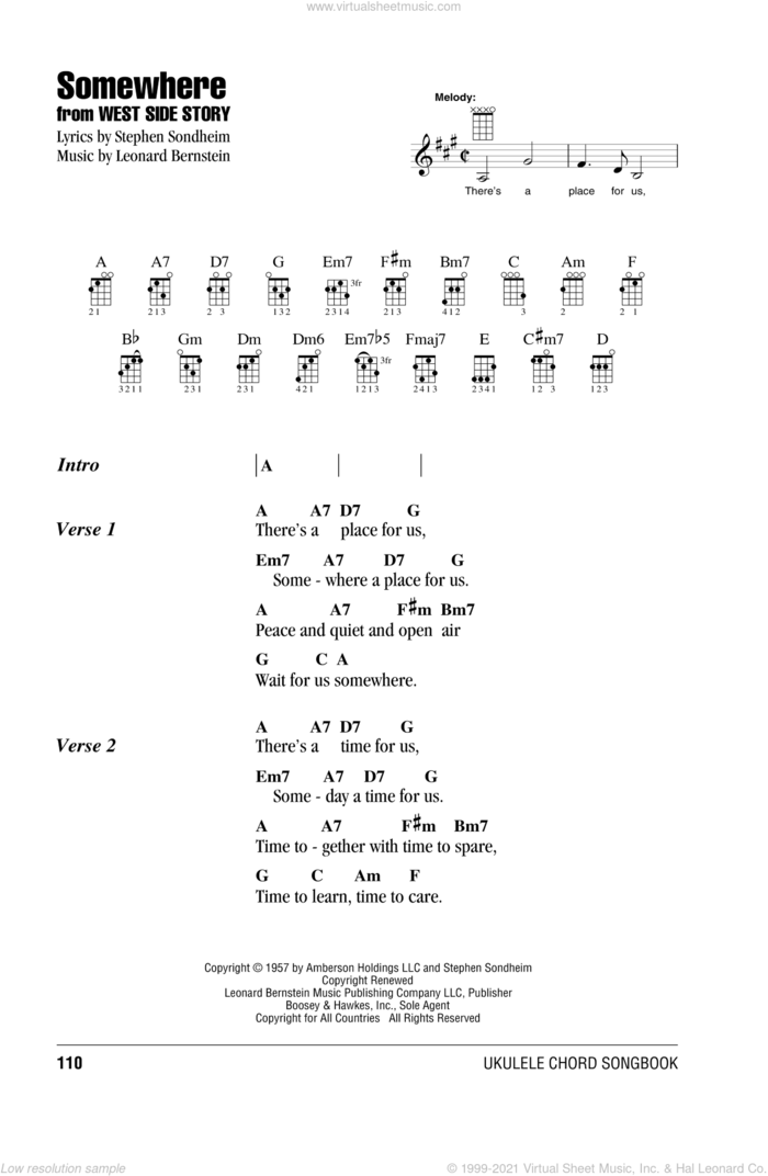 Somewhere (from West Side Story) sheet music for ukulele (chords) by Leonard Bernstein, intermediate skill level