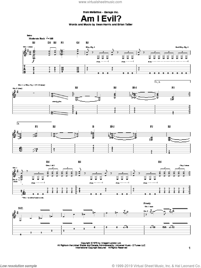 Am I Evil? sheet music for guitar (tablature) by Metallica, Diamond Head, Brian Tatler and Sean Harris, intermediate skill level