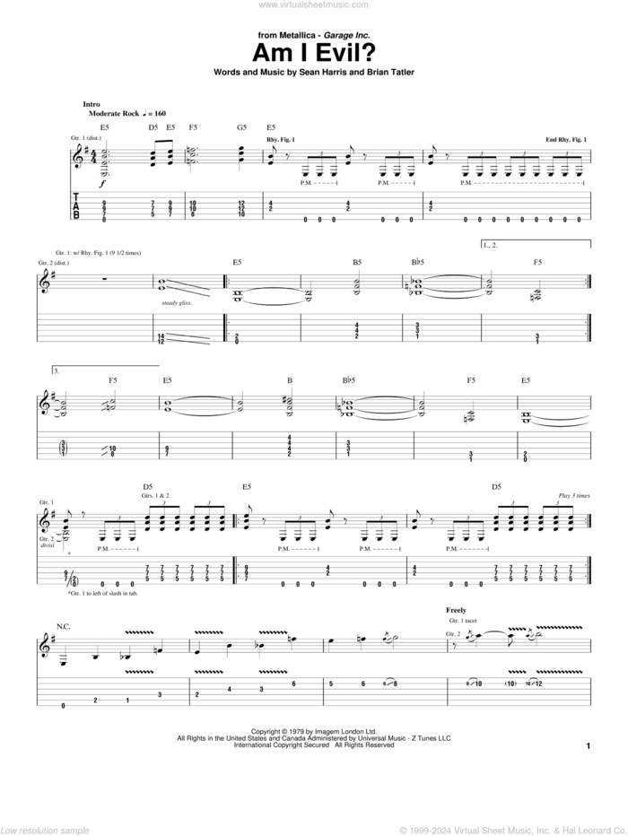 Am I Evil? sheet music for guitar (tablature) by Metallica, Diamond Head, Brian Tatler and Sean Harris, intermediate skill level