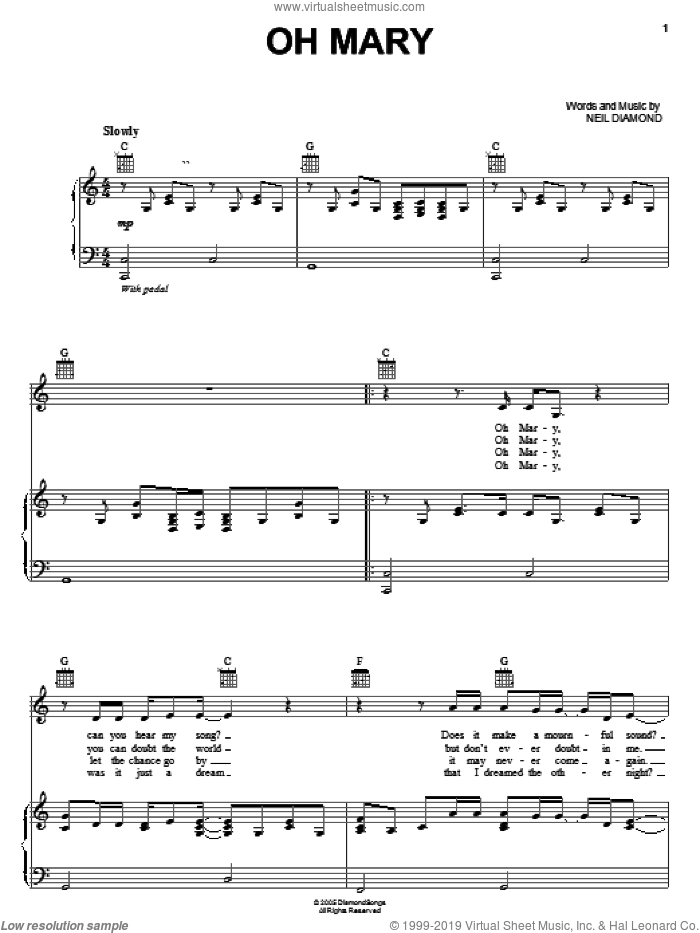 Oh Mary sheet music for voice, piano or guitar by Neil Diamond, intermediate skill level