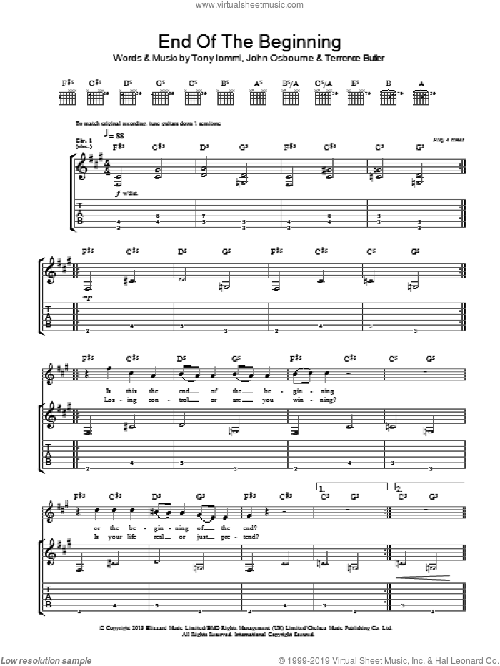 End Of The Beginning sheet music for guitar (tablature) by Black Sabbath, John Osbourne, Terrence Butler and Tony Iommi, intermediate skill level