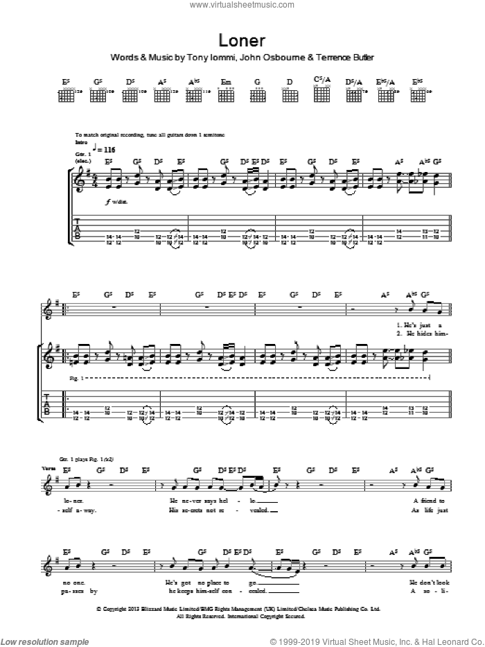 Loner sheet music for guitar (tablature) by Black Sabbath, John Osbourne, Terrence Butler and Tony Iommi, intermediate skill level