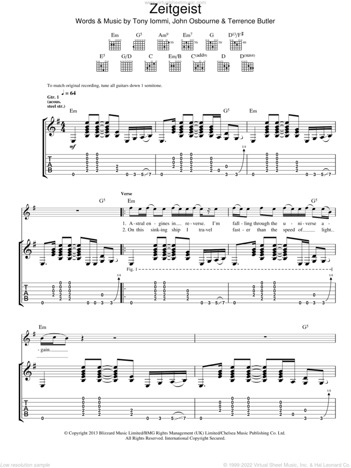 Zeitgeist sheet music for guitar (tablature) by Black Sabbath, John Osbourne, Terrence Butler and Tony Iommi, intermediate skill level