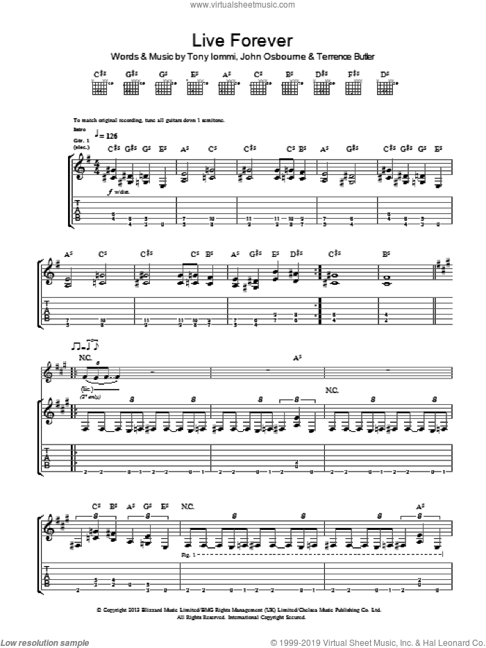 Live Forever sheet music for guitar (tablature) by Black Sabbath, John Osbourne, Terrence Butler and Tony Iommi, intermediate skill level
