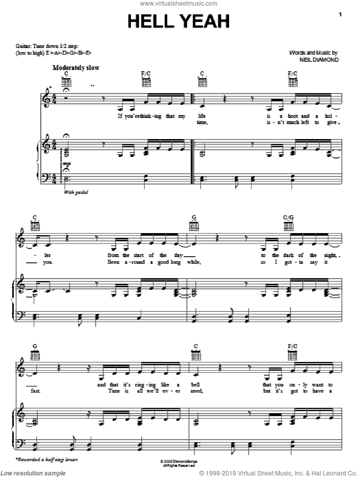 Hell Yeah sheet music for voice, piano or guitar by Neil Diamond, intermediate skill level