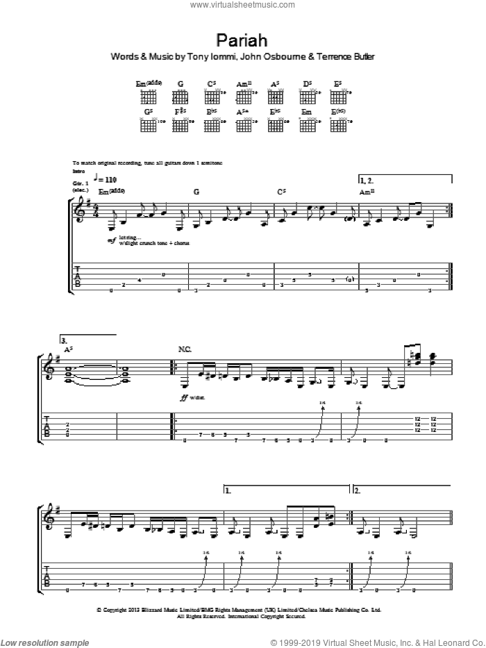 Pariah sheet music for guitar (tablature) by Black Sabbath, John Osbourne, Terrence Butler and Tony Iommi, intermediate skill level