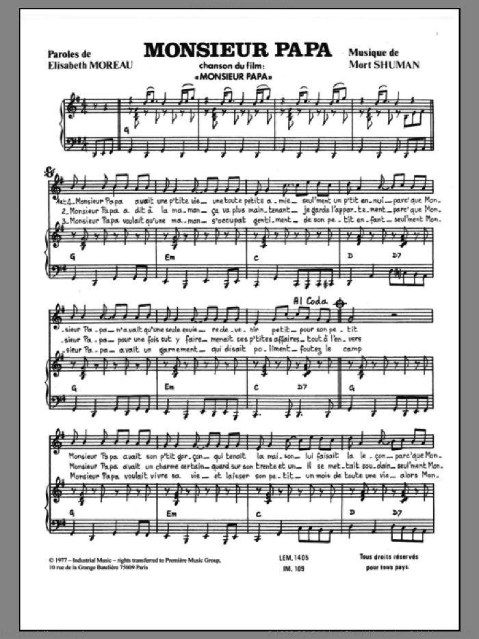 Monsieur Papa sheet music for voice and piano by Mort Shuman and Elisabeth Moreau, intermediate skill level