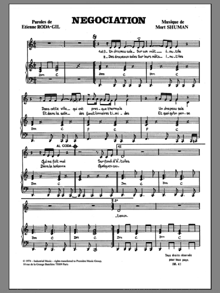 Negociation sheet music for voice and piano by Mort Shuman and Etienne Roda-Gil, intermediate skill level