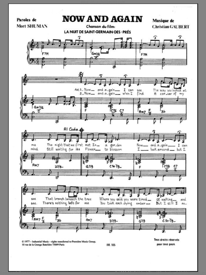 Now And Again sheet music for voice and piano by Christian Gaubert and Mort Shuman, intermediate skill level