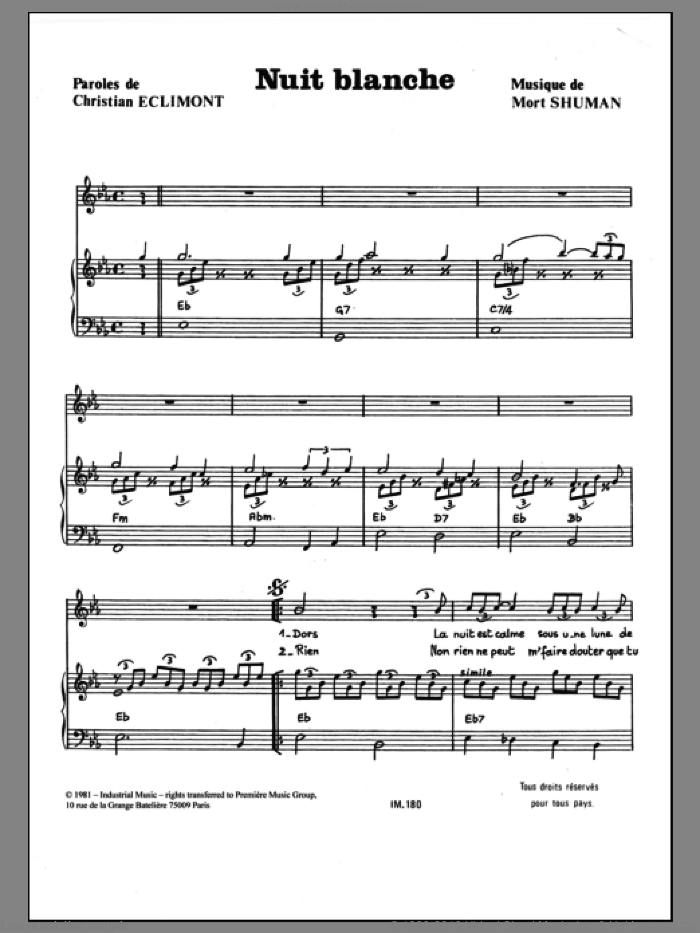 Nuit Blanche sheet music for voice and piano by Mort Shuman and Christian Eclimont, intermediate skill level
