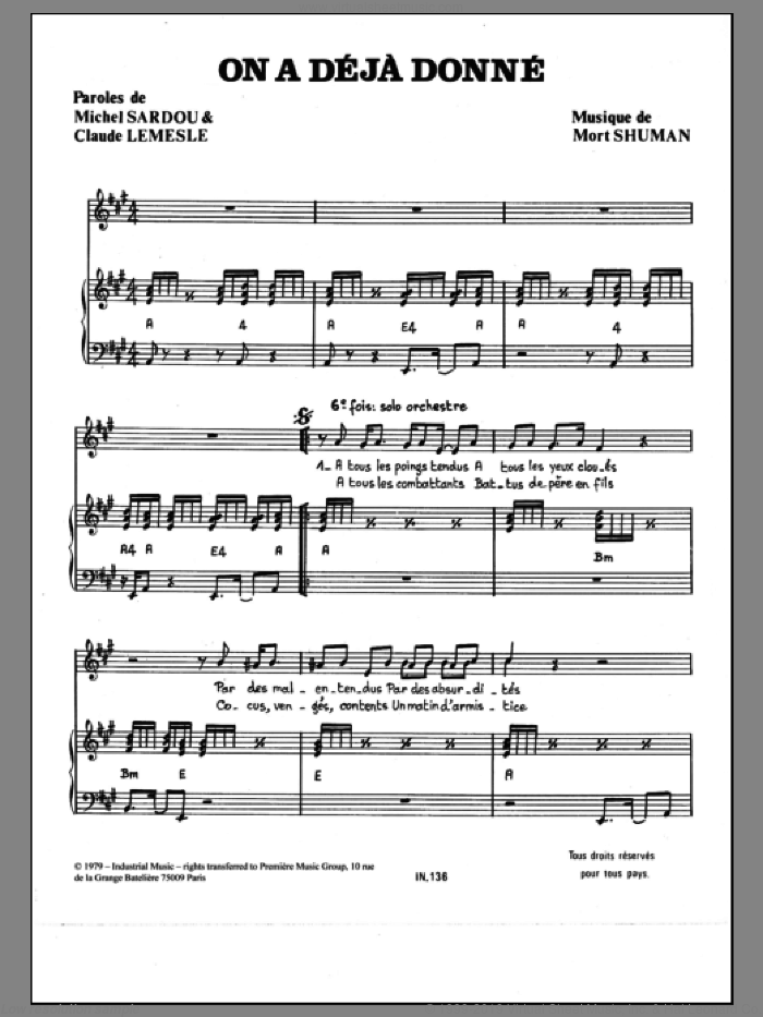 On A Deja Donne sheet music for voice and piano by Mort Shuman, Claude Lemesle and Michel Sardou, intermediate skill level