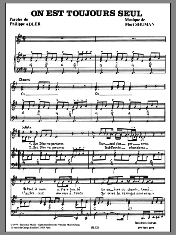 On Est Toujours Seul sheet music for voice and piano by Mort Shuman and Philippe Adler, intermediate skill level