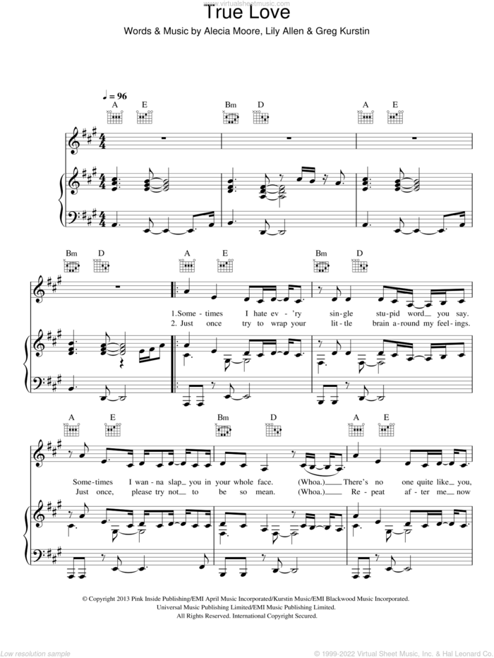 True Love sheet music for voice, piano or guitar by P!nk feat. Lily Allen, Alecia Moore, Greg Kurstin and Lily Allen, intermediate skill level