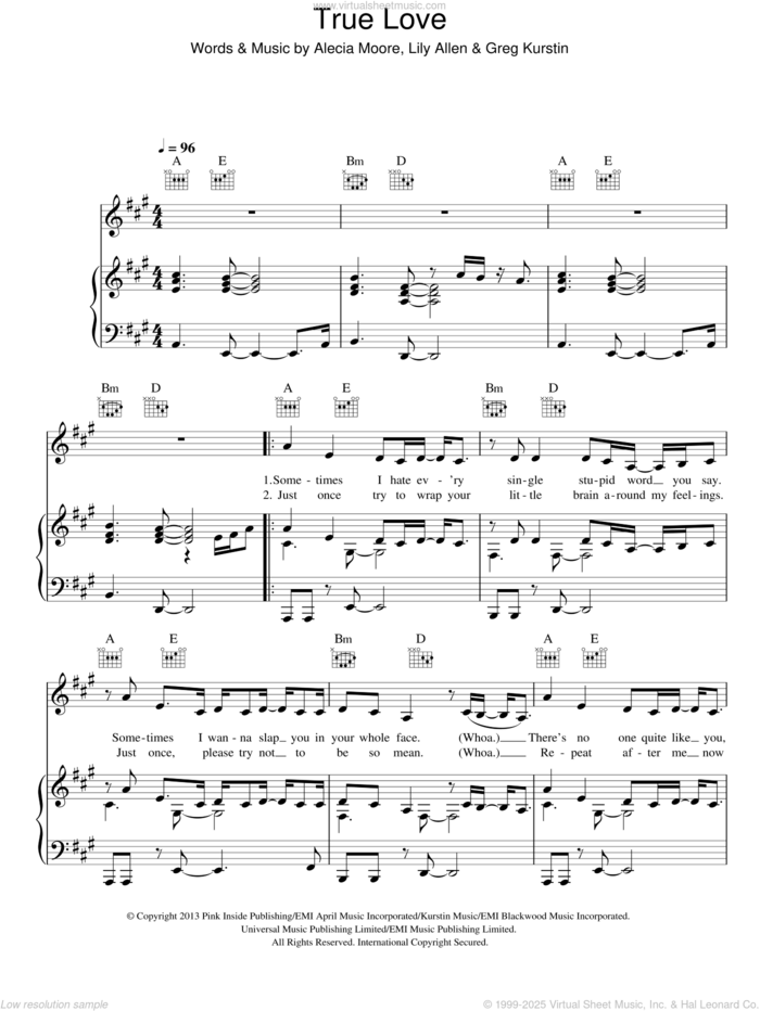 True Love sheet music for voice, piano or guitar by P!nk feat. Lily Allen, Alecia Moore, Greg Kurstin and Lily Allen, intermediate skill level