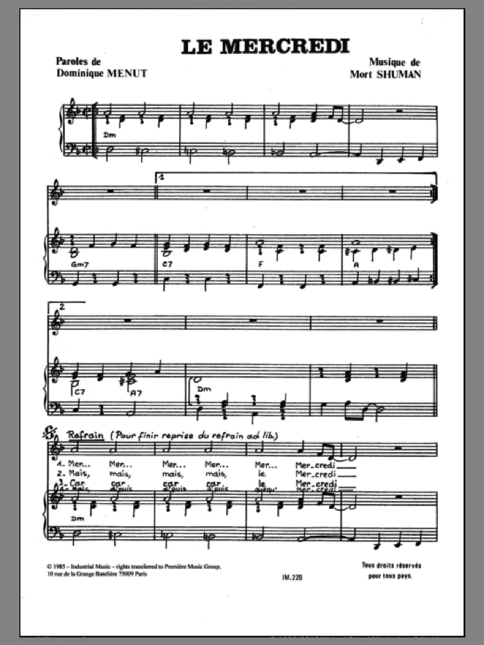 Le Mercredi sheet music for voice and piano by Mort Shuman, Gerard Lavigne and Dominique Menut, intermediate skill level