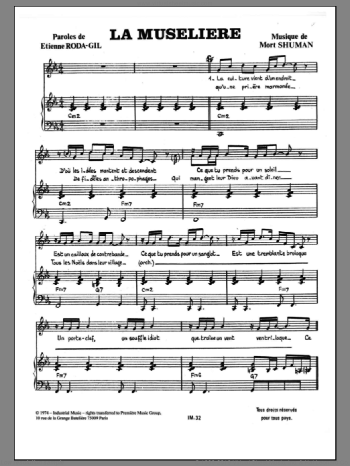 La Museliere sheet music for voice and piano by Mort Shuman and Etienne Roda-Gil, intermediate skill level