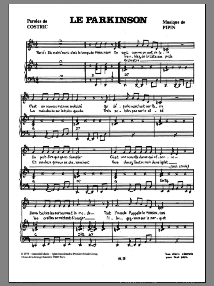 Le Parkinson sheet music for voice and piano by Alain Ranval and Alain Magnette, intermediate skill level