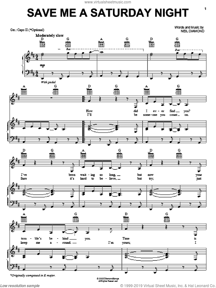 Save Me A Saturday Night sheet music for voice, piano or guitar by Neil Diamond, intermediate skill level