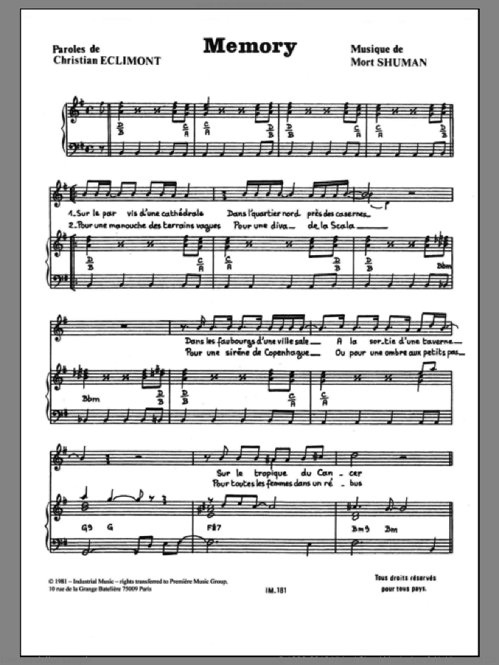 Memory sheet music for voice and piano by Mort Shuman and Christian Eclimont, intermediate skill level