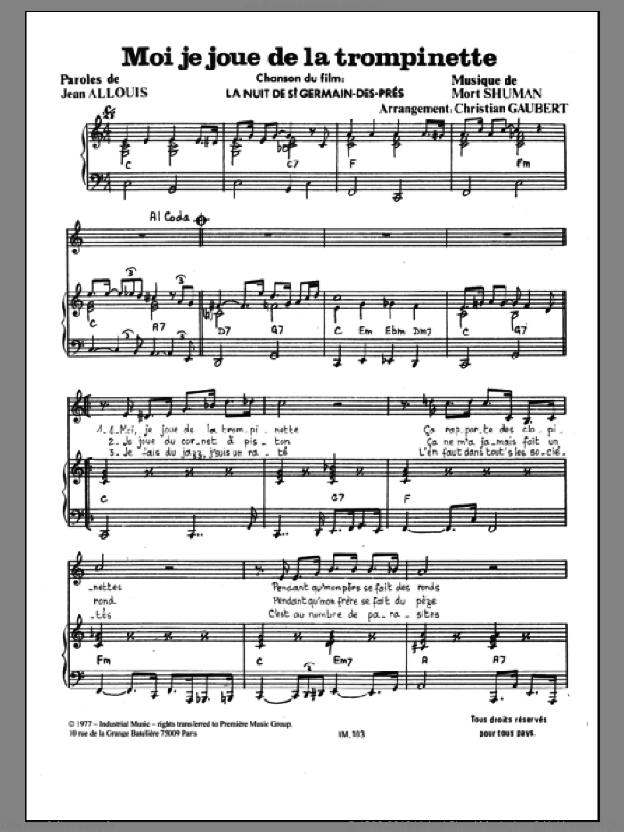 Moi Je Joue De La Trompinette sheet music for voice and piano by Mort Shuman and Jean Allouis, intermediate skill level