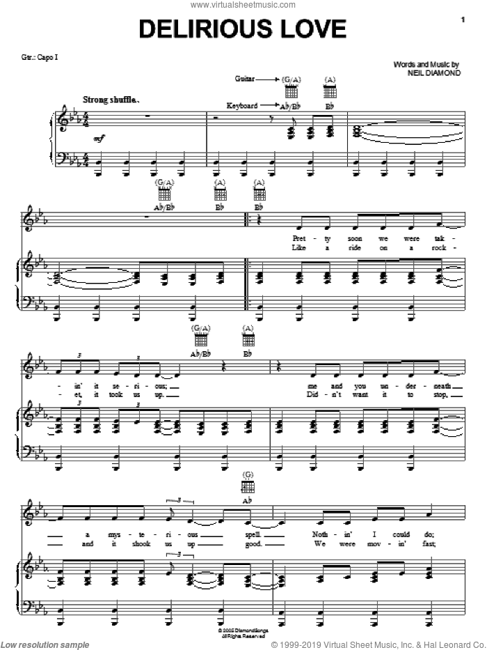 Delirious Love sheet music for voice, piano or guitar by Neil Diamond, intermediate skill level
