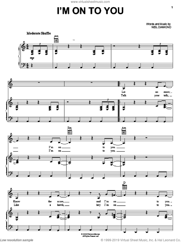 I'm On To You sheet music for voice, piano or guitar by Neil Diamond, intermediate skill level
