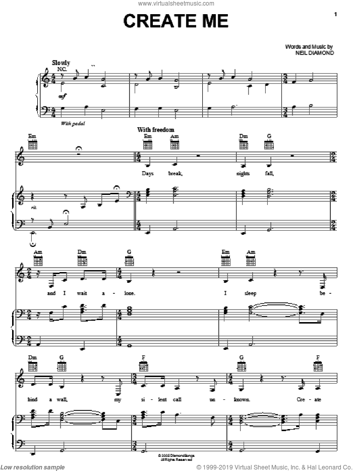 Create Me sheet music for voice, piano or guitar by Neil Diamond, intermediate skill level