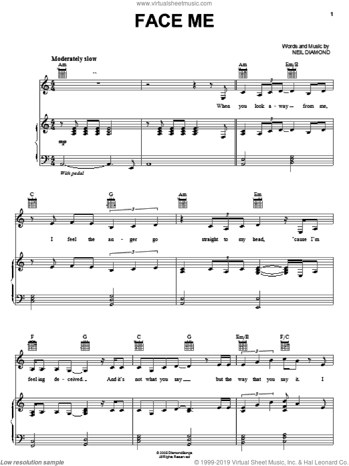 Face Me sheet music for voice, piano or guitar by Neil Diamond, intermediate skill level
