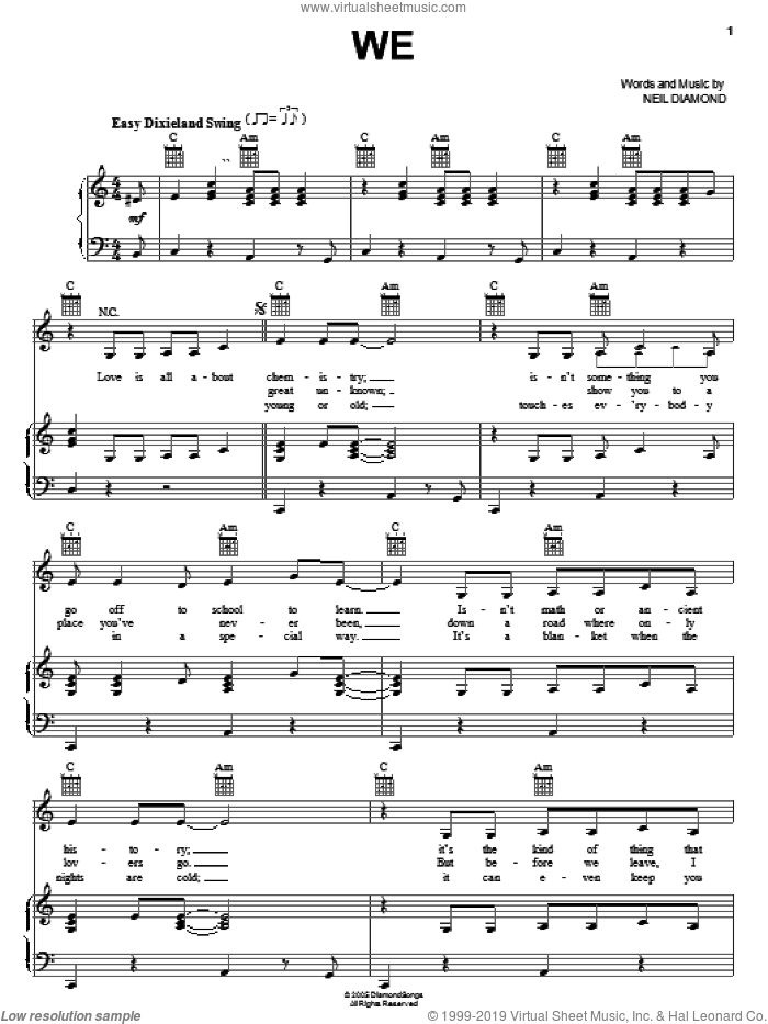 We sheet music for voice, piano or guitar by Neil Diamond, intermediate skill level