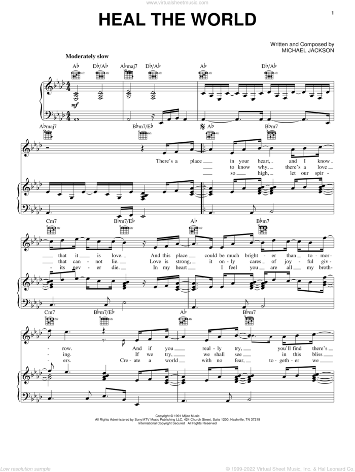Heal The World sheet music for voice, piano or guitar by Michael Jackson, intermediate skill level