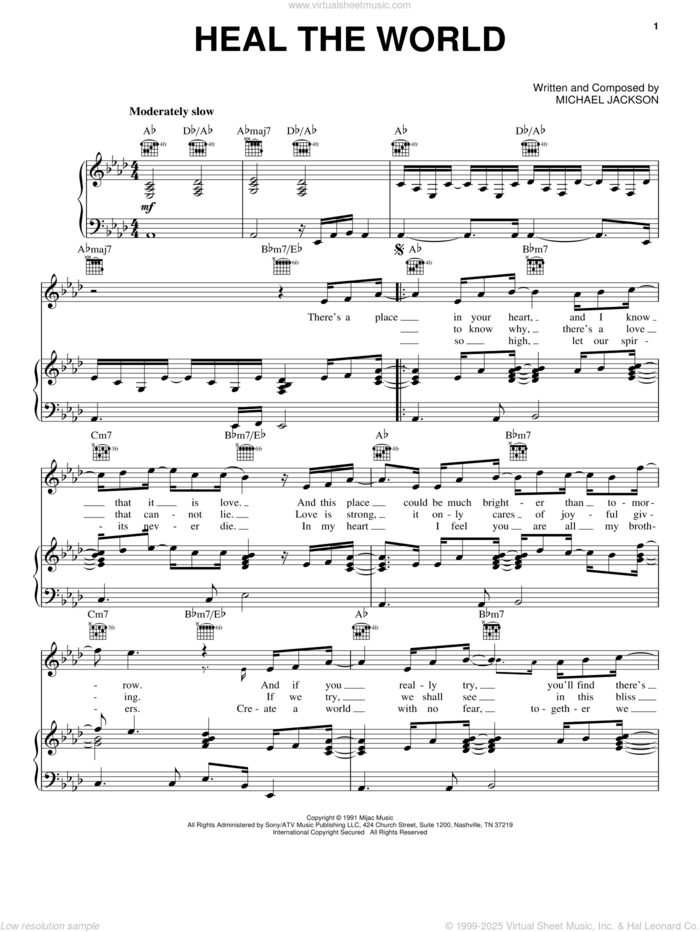 Heal The World sheet music for voice, piano or guitar by Michael Jackson, intermediate skill level