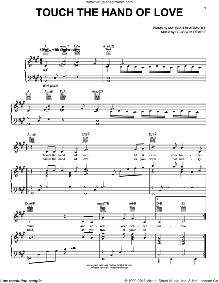 Touch The Hand Of Love sheet music for voice, piano or guitar by Blossom Dearie and Mahriah Blackwolf, intermediate skill level