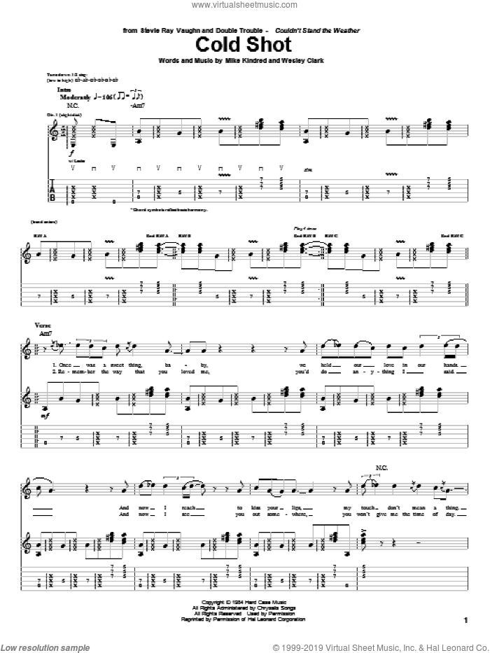 Cold Shot sheet music for guitar (tablature) by Stevie Ray Vaughan, Mike Kindred and Wesley Clark, intermediate skill level