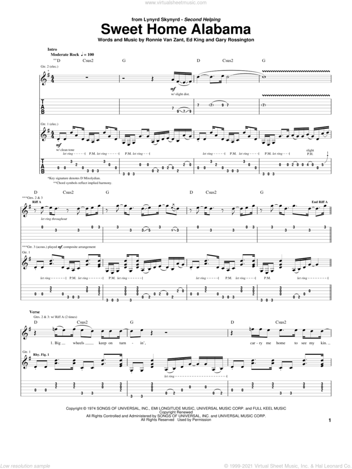 Sweet Home Alabama sheet music for guitar (tablature) by Lynyrd Skynyrd, Edward King, Gary Rossington and Ronnie Van Zant, intermediate skill level