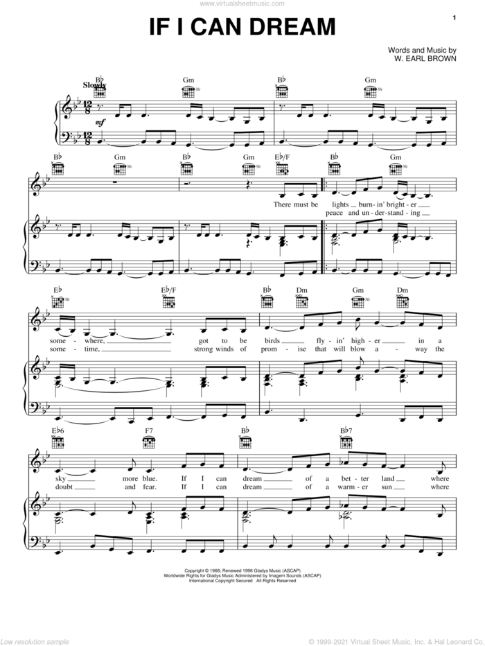 If I Can Dream sheet music for voice, piano or guitar by Elvis Presley and W. Earl Brown, intermediate skill level