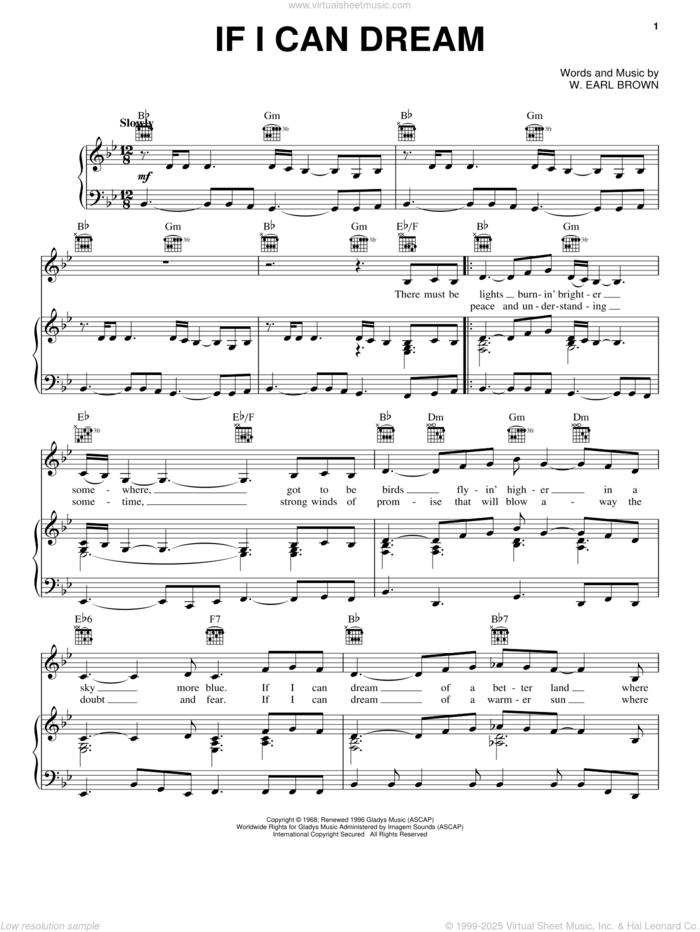 If I Can Dream sheet music for voice, piano or guitar by Elvis Presley and W. Earl Brown, intermediate skill level