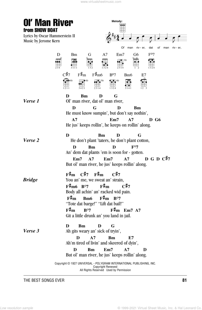 Ol' Man River sheet music for ukulele (chords) by Oscar II Hammerstein and Jerome Kern, intermediate skill level