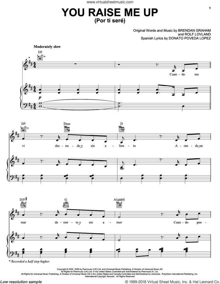 Por Ti Sere (You Raise Me Up) sheet music for voice, piano or guitar by Il Divo, Brendan Graham and Rolf Lovland, wedding score, intermediate skill level