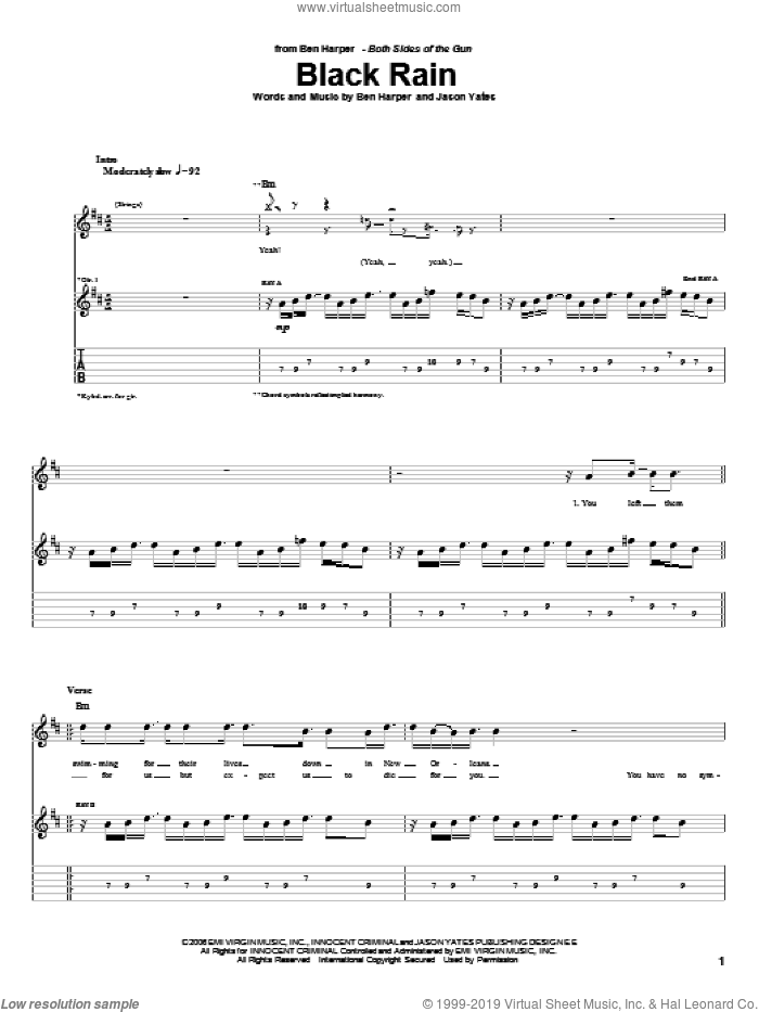 Black Rain sheet music for guitar (tablature) by Ben Harper and Jason Yates, intermediate skill level