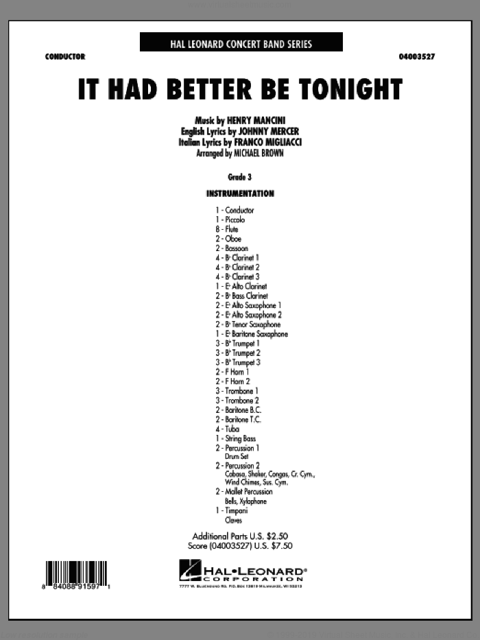 It Had Better Be Tonight (COMPLETE) sheet music for concert band by Michael Brown and Henry Mancini, intermediate skill level