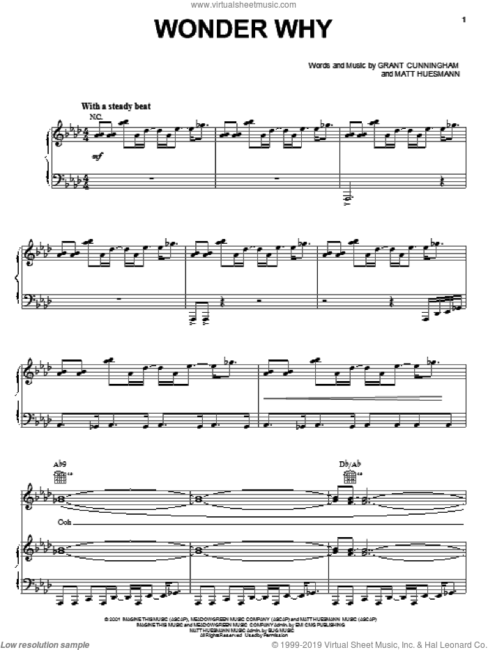 Wonder Why sheet music for voice, piano or guitar by Grant Cunningham, Avalon and Matt Huesmann, intermediate skill level